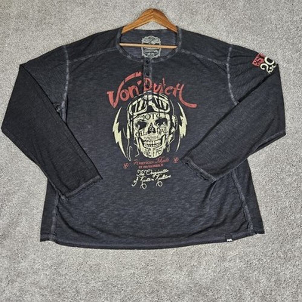 Von Dutch Henley T-Shirt Men's 3XL Black Bikercore Moto Made In USA Skull